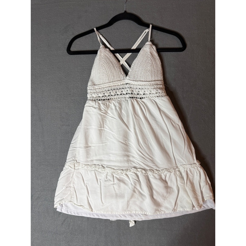 Rue21 Womens XS White Crochet Bodice Mini Dress Boho Festival Summer Ruffle Hem - Picture 11 of 14